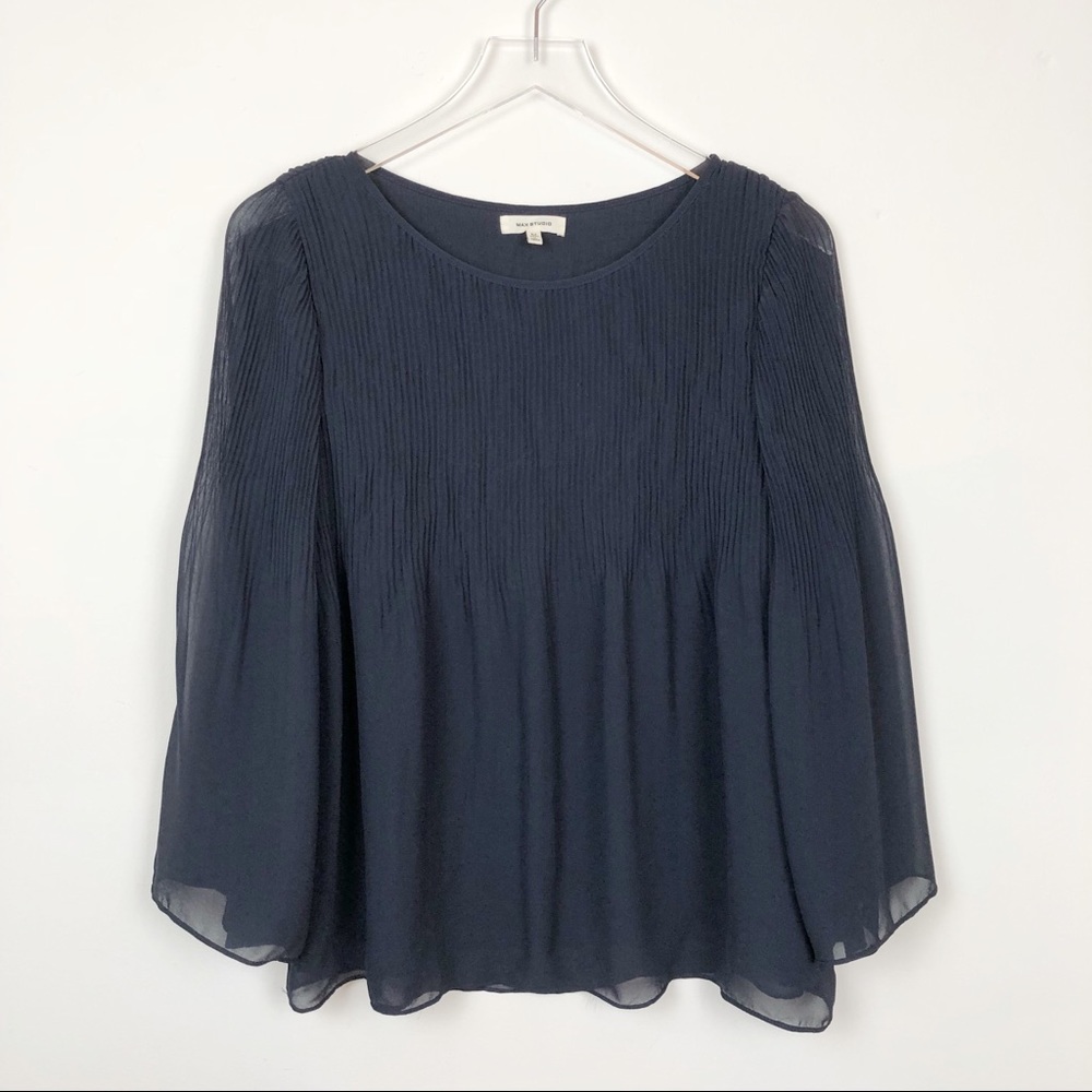 Max Studio Navy Blue Pleated Babydoll Blouse Shirt